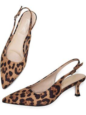 Women's Kitten Heel Slingback Leopard Closed Pointed Toe Low Heels Pumps 2 Inch